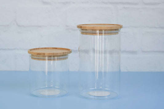 The 600ml and 1L bamboo lid glass canisters from The Little Pantry Project.