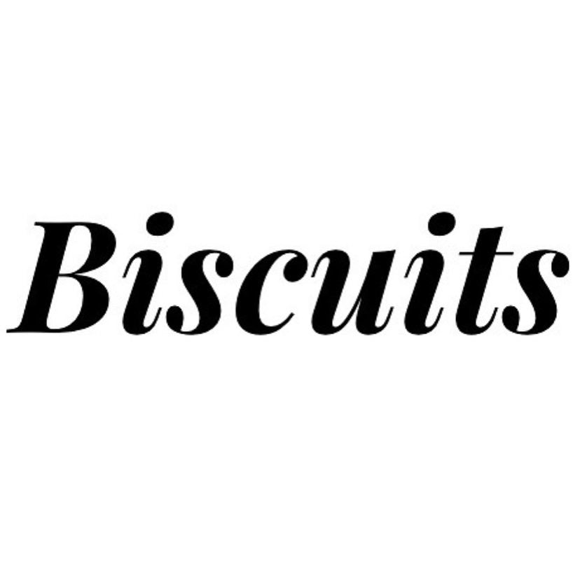 Container label with the word Biscuits on it in a cursive font.