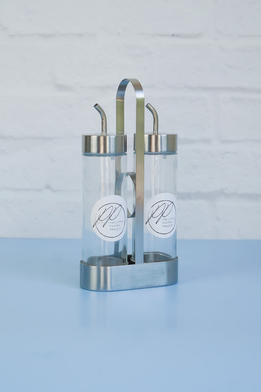 The stainless steel oil dispensers and carrier from The Little Pantry Project.